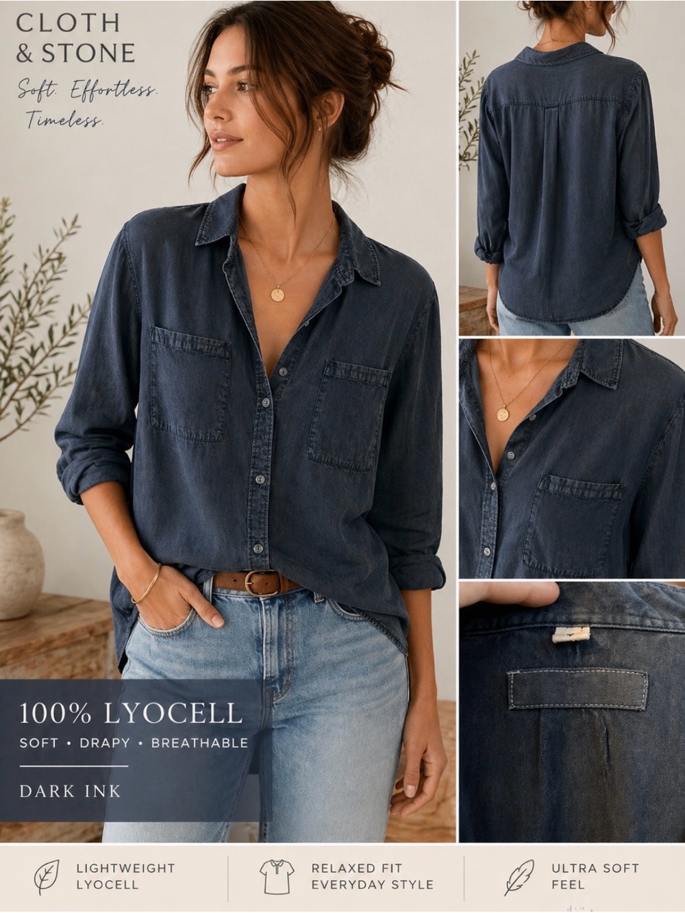 Cloth & Stone Dark Ink Lyocell Button Down Shirt Soft Chambray Anthropologie S